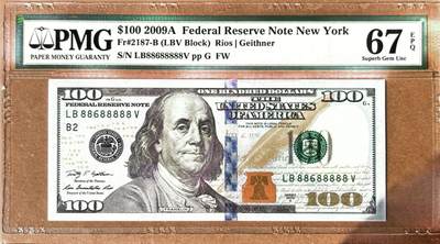 【Blue Auction】✨世界纸币精拍800期盛典——白金之夜🔥🔥🔥 - U-【近全同8 倒置号 老虎8】美国 2009年100美金 PMG67EPQ 