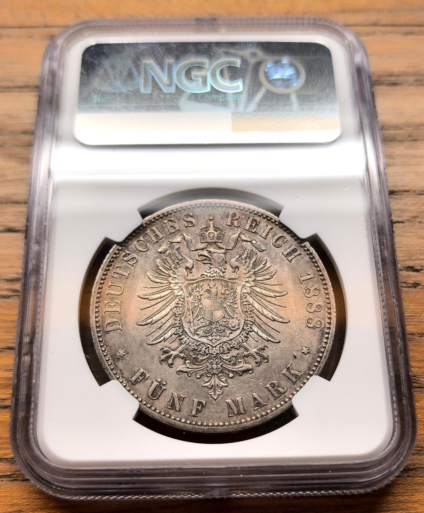 凡希社世界钱币微拍第三百二十一期 1888A德国普鲁士弗里德里希三世短翅5马克大银NGC-AUD