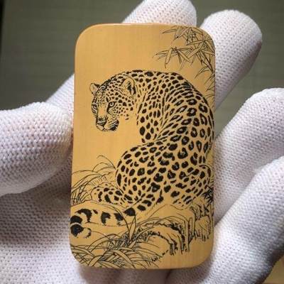 听雨轩（77）留青墨刻竹牌专场 - 留青墨刻36×60mm工艺精工实心玉竹牌  上山豹