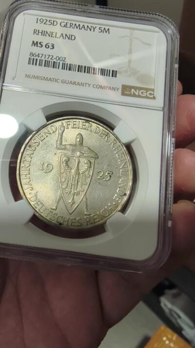 修遠堂世界钱币第107期 NGC MS63 1925年德国魏玛政府-莱茵兰千年纪念5马克银币，D厂铭