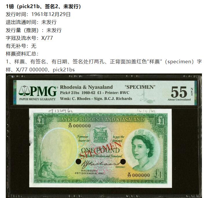 【Blue Auction】✨世界纸币精拍800期盛典——白金之夜🔥🔥🔥 R-【X/1首发冠000001天字1号】罗德西亚和尼亚萨兰 1960年1镑 大冠女王 BWC出品雕刻精美 大津巴布韦遗址 豹子 PMG55EPQ 近新原票 整体状态非常好 女王纸币最漂亮的一套之一（该版纸币一直发行到冠号X/77首发冠都非常难得 年轻女王纸币1号都是大珍 无法被超越的存在）