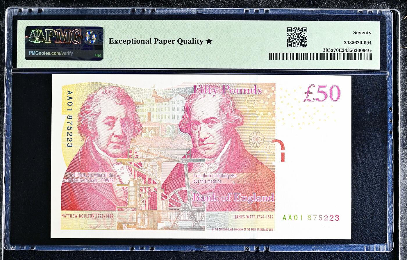 【Blue Auction】✨世界纸币精拍800期盛典——白金之夜🔥🔥🔥 G-【唯一冠军分 满分 AA01首发冠】英国 2010年50镑 瓦特兄弟 PMG70EPQ星星 满分英镑非常难评 张张是精品 值得激烈竞价
