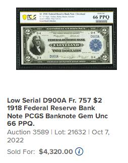 【Blue Auction】✨世界纸币精拍800期盛典——白金之夜🔥🔥🔥  U-【303雷达百位小号】美国 1918年2美金 FRBN联邦储备银行券 经典BattleShip 军舰雕刻精美 大票幅 杰弗逊 PCGS66EPQ 克利夫兰版