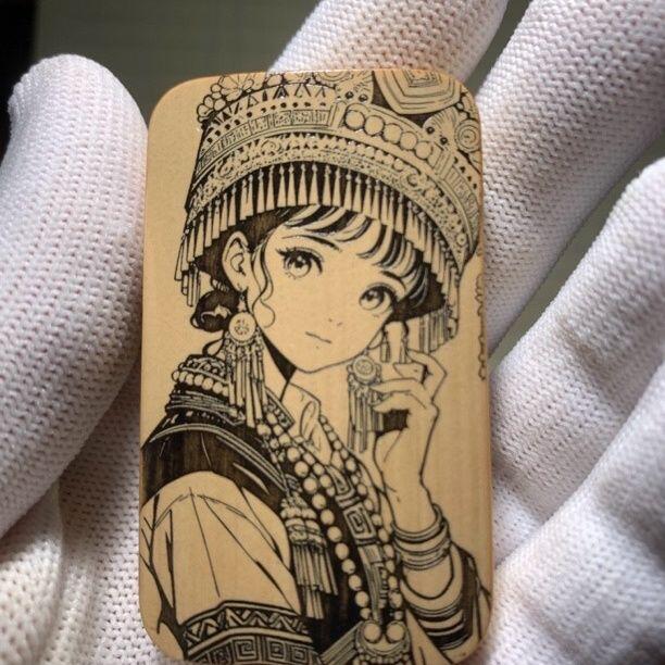 听雨轩（77）留青墨刻竹牌专场 留青墨刻36×60mm工艺精工实心玉竹牌 民族风少女1