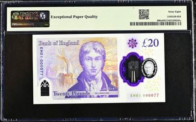 【Blue Auction】✨世界纸币精拍800期盛典——白金之夜🔥🔥🔥 G-【EH01首发冠 77小号非常难得】英国 2024年20镑 查尔斯三世 新版塑料钞 PMG68EPQ 超高分 