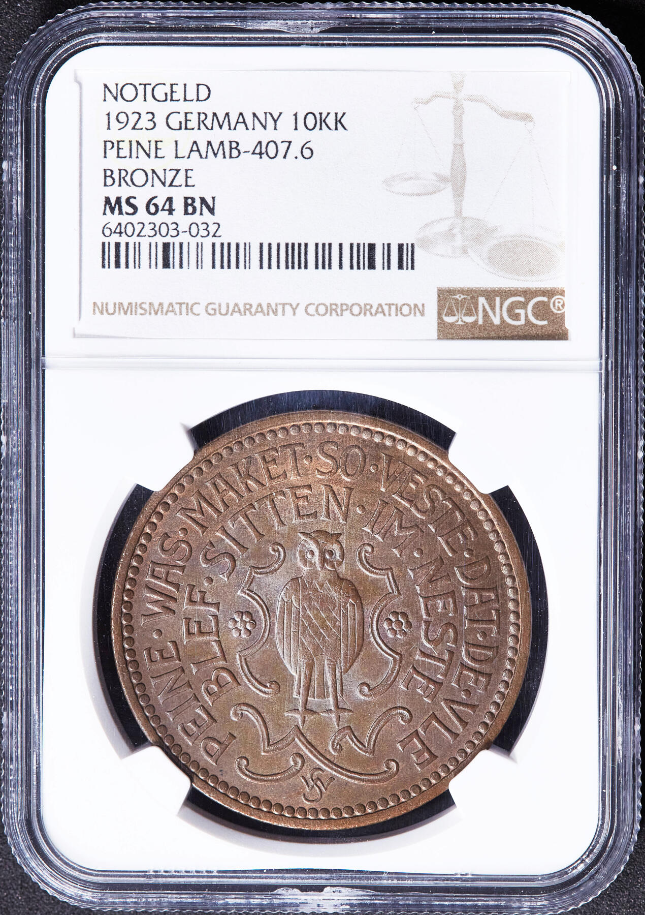 【俄甄集藏】2026年(049)03-18星期三 晚 19:30 全场包邮 德国1923年紧急时期派内10000基珀（紧急币）猫头鹰大铜币，NGC MS64，转光品相，经典品种