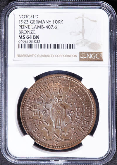 【俄甄集藏】2026年(049)03-18星期三 晚 19:30 全场包邮 - 德国1923年紧急时期派内10000基珀（紧急币）猫头鹰大铜币，NGC MS64，转光品相，经典品种
