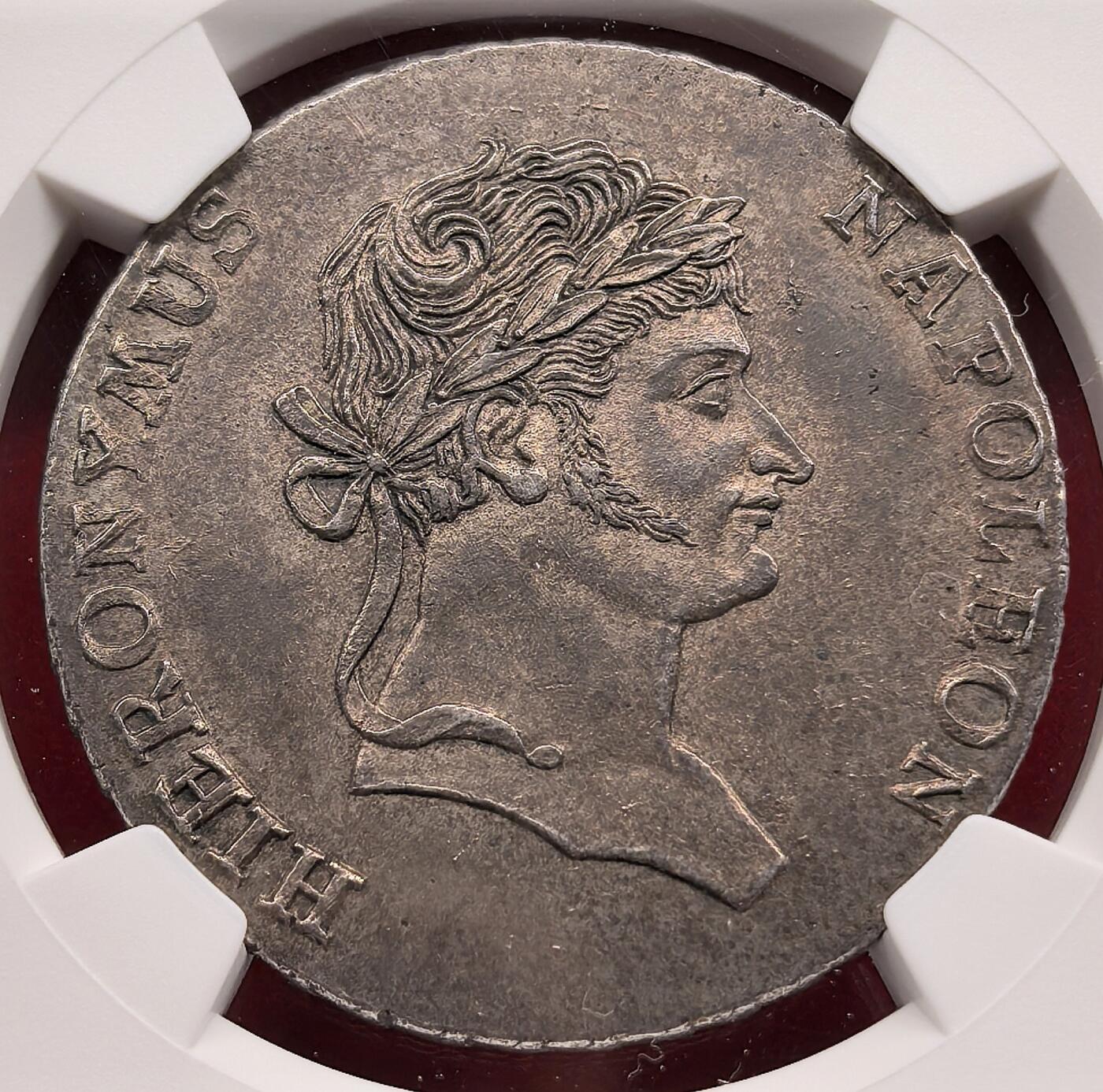 凡希社世界钱币微拍第三百二十一期 1812威斯特伐利亚热罗姆·拿破仑“小胸像版”泰勒大银NGC-UNCD，1812年卡塞尔厂泰勒为“小胸像”版别，区别于早期“大胸像”版，铸造量相对更少，深色包浆，细节颇佳！（视频参考）