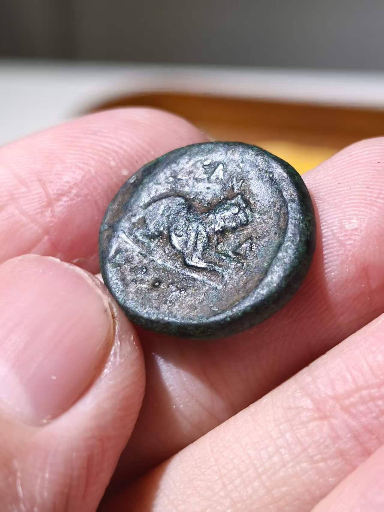 星盘世界钱币拍卖 历史名人！古希腊马其顿王国卡山德大力神狮子一查柯铜币，公元前396-297年铸造，正面是大力神头像，背面是一头狮子，铭文KAΣΣAN ΔΡOY Λ 这一枚是少见品种，并非最常见的那种骑马，品相还不错，图案和铭文都比较清晰