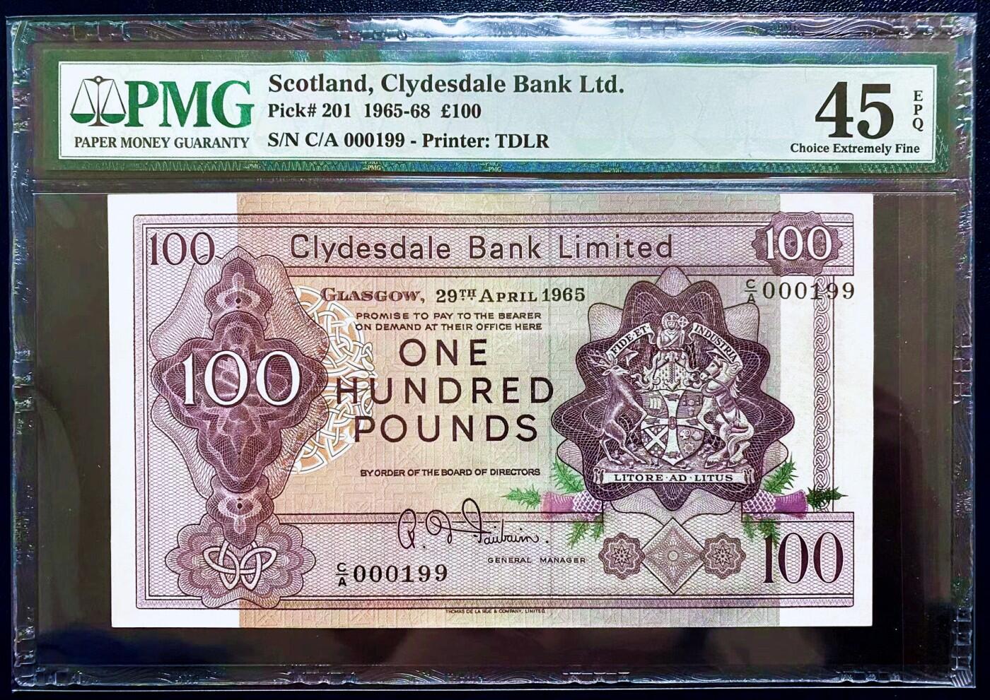 【Blue Auction】✨世界纸币精拍800期盛典——白金之夜🔥🔥🔥 S-【C/A首发199倒置小号 p201 最高分61无E没有这张状态好】苏格兰1964年100镑 PMG45EPQ 原票好状态 背面风景雕刻唯美 此版常见面额为5镑到20镑 该日期仅发行10000枚 实钞存世稀少 值得收藏 这么多年过去 PMG还是只有5个评级记录