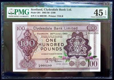 【Blue Auction】✨世界纸币精拍800期盛典——白金之夜🔥🔥🔥 - S-【C/A首发199倒置小号 p201 最高分61无E没有这张状态好】苏格兰1964年100镑 PMG45EPQ 原票好状态 背面风景雕刻唯美 此版常见面额为5镑到20镑 该日期仅发行10000枚 实钞存世稀少 值得收藏 这么多年过去 PMG还是只有5个评级记录