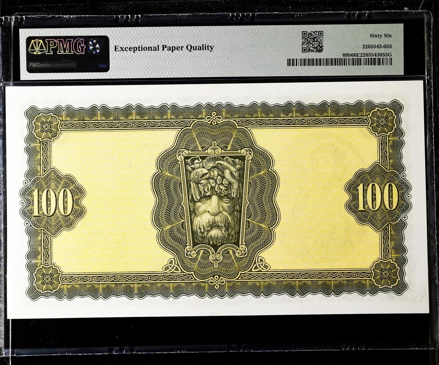 【Blue Auction】✨世界纸币精拍800期盛典——白金之夜🔥🔥🔥 I-【仅1张更高分】爱尔兰 1975年100镑 最高值 当时购买力巨大 超大票幅 PMG66EPQ 市面上藏家争抢的分数非常难得 拉弗雷夫人