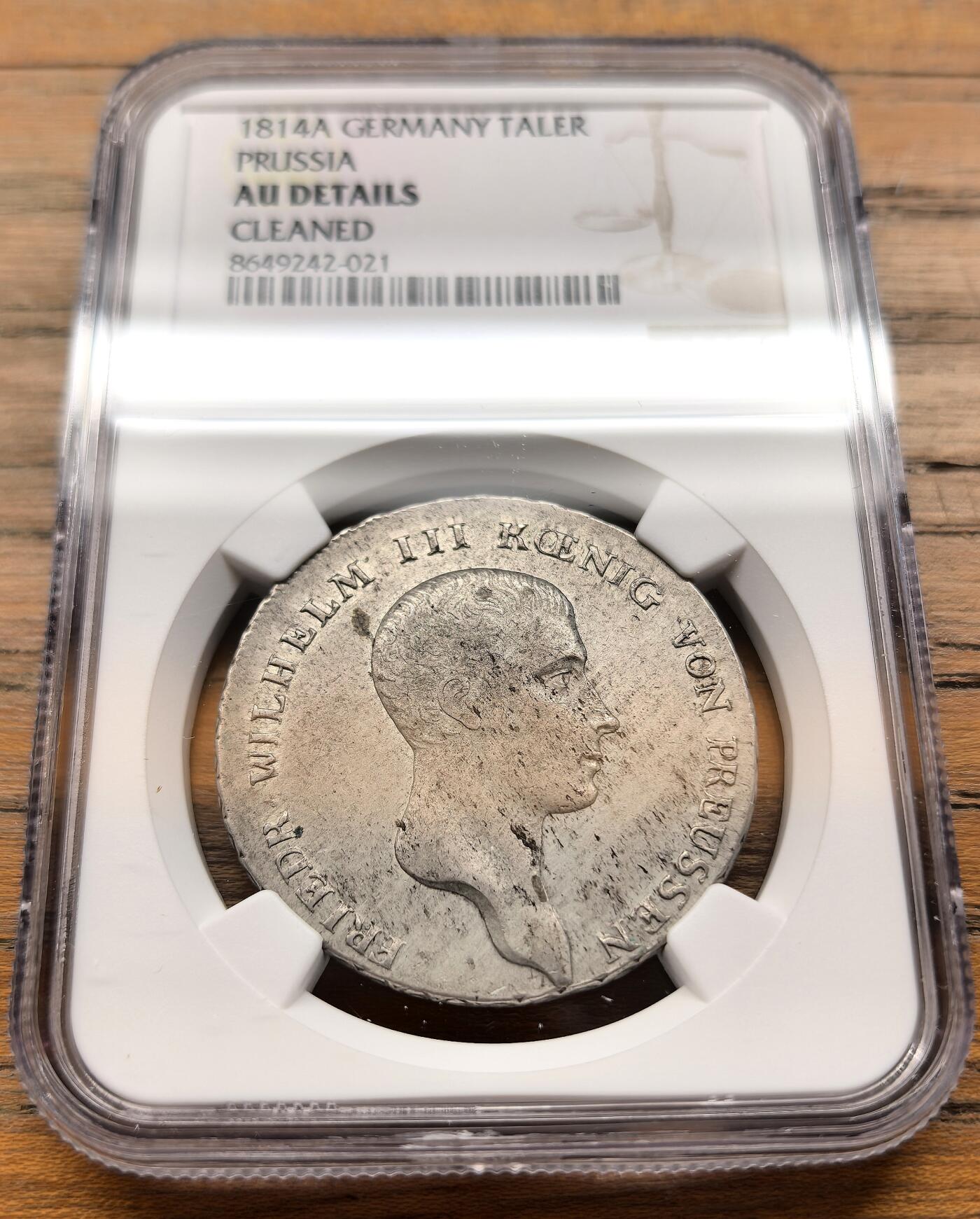 凡希社世界钱币微拍第三百二十一期 1814A德国普鲁士威廉三世泰勒大银NGC-UNCD，实物上手极好，没给分不理解。（附视频）