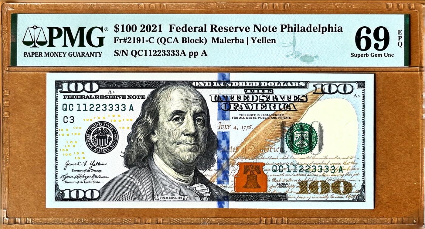 【Blue Auction】✨世界纸币精拍800期盛典——白金之夜🔥🔥🔥 U-【靓号11223333狮子号无47】美国 2021年100美金 PMG69EPQ近满分 