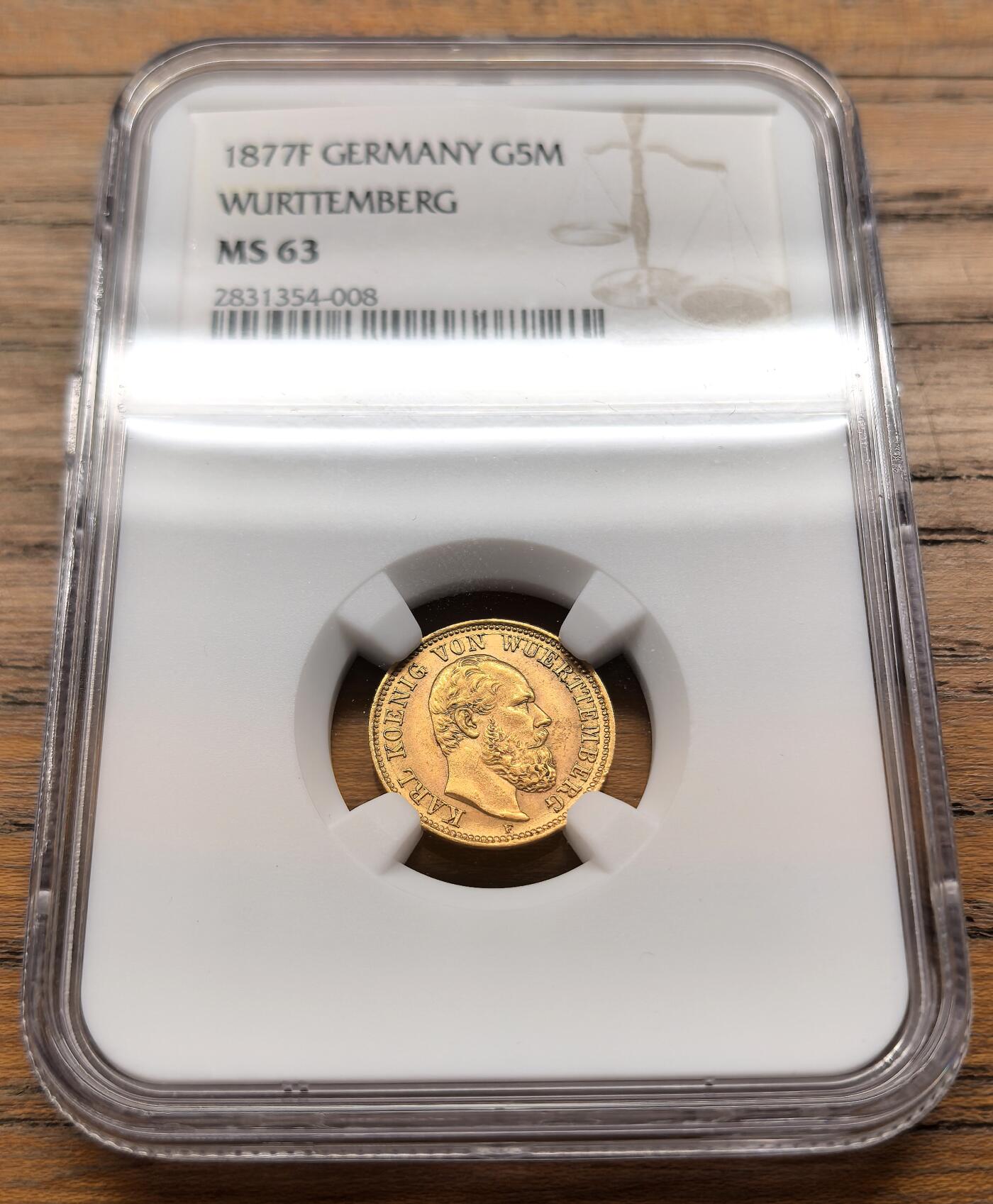 凡希社世界钱币微拍第三百二十一期 1877F德国符腾堡短翅鹰5马克金币NGC-MS63