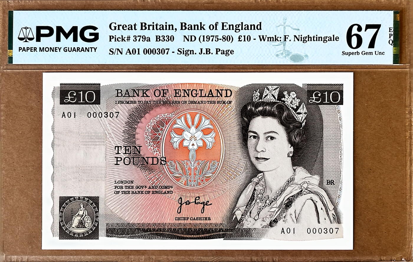 【Blue Auction】✨世界纸币精拍800期盛典——白金之夜🔥🔥🔥 G-【a版 A01首发冠307百位小号】英国 D序列1975-80年10镑 PMG67EPQ 高分 