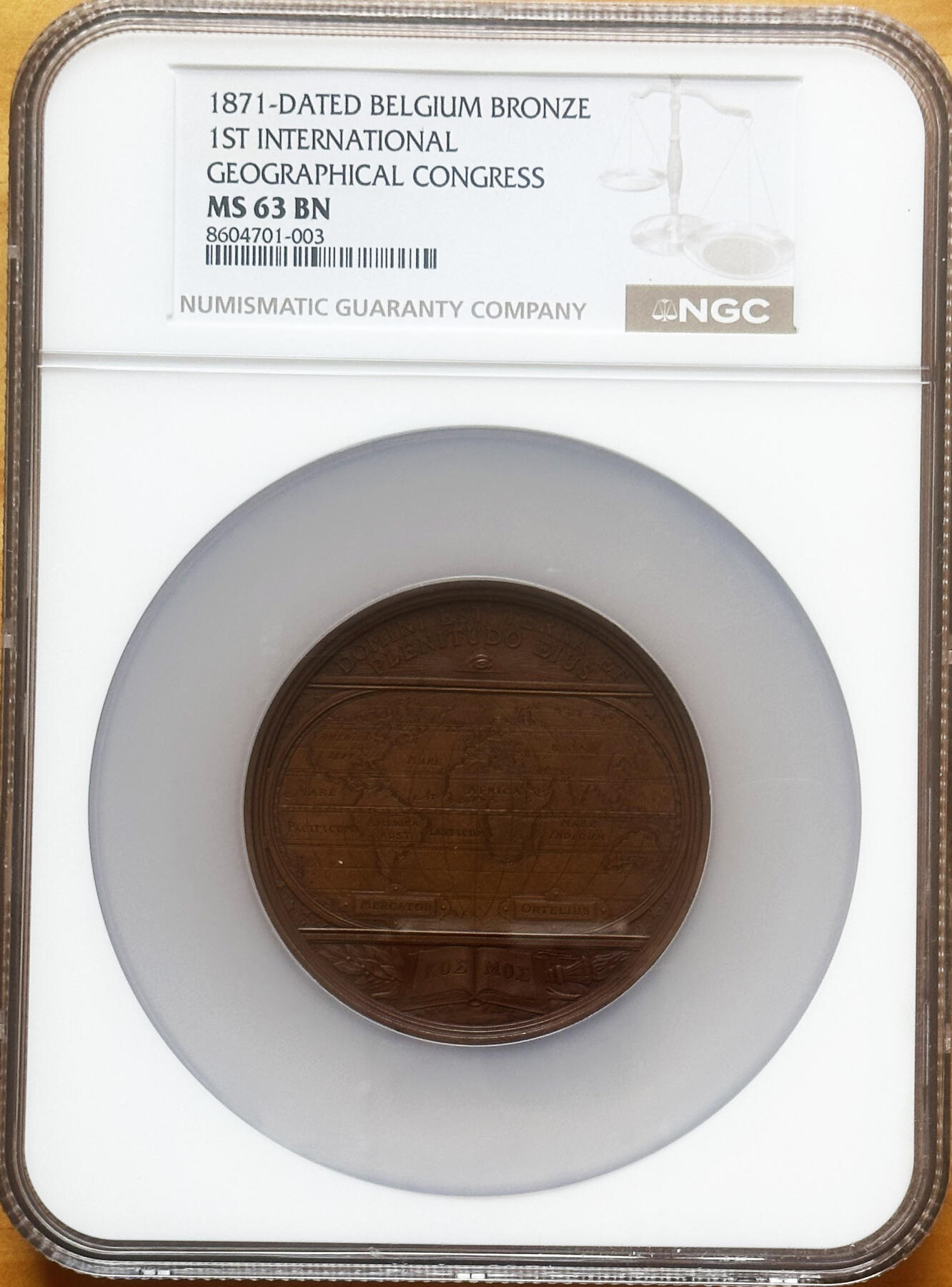 NGC-MS63BN 1871比利时国家地理协会世界地图大铜章