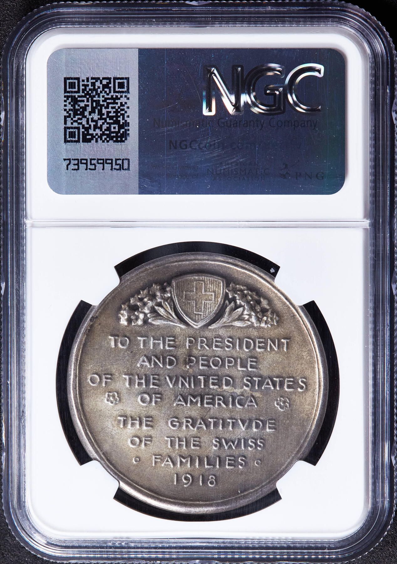 【俄甄集藏】2026年(049)03-18星期三 晚 19:30 全场包邮 瑞士1918年感谢美国参战一战协约国胜利银章，NGC MS63，保存完好，黄油彩原味老包浆，磨砂底板