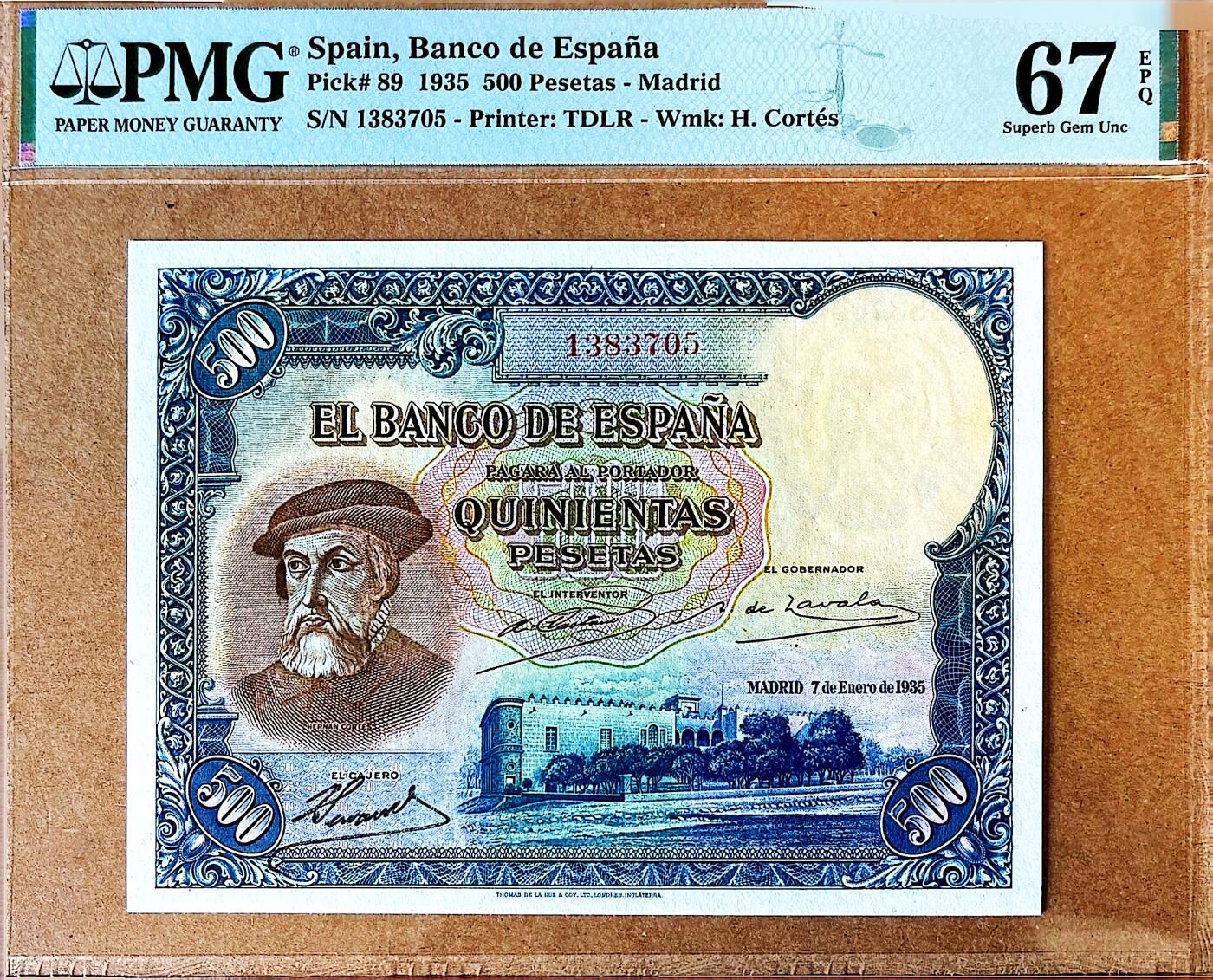 【Blue Auction】✨世界纸币精拍800期盛典——白金之夜🔥🔥🔥 S-【冠军分】西班牙 1935年 500比塞塔 PMG67EPQ 科尔特斯 经典大方块 雕刻非常细腻大气 值得珍藏 背面描述科尔特斯到达墨西哥后烧毁了他的船只，以说服他的部下们，没有回头路的场景。最终科尔特斯以破釜沉舟之势，以600人征服250万印第安人，塑造了西班牙征服者的传奇人生