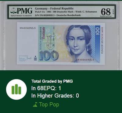 【Blue Auction】✨世界纸币精拍800期盛典——白金之夜🔥🔥🔥 G-【多年来唯一冠军 最稀少年份】德国 1993版年100马克 著名钢琴家克拉拉-舒曼 PMG68EPQ 顶级品相 无月牙&无拖墨（本枚纸币最神奇的地方，在与克拉拉的眼睛与荧光效果完美融合，形成泪眼，与人物的事迹完美契合，卖家多年来一直珍藏）