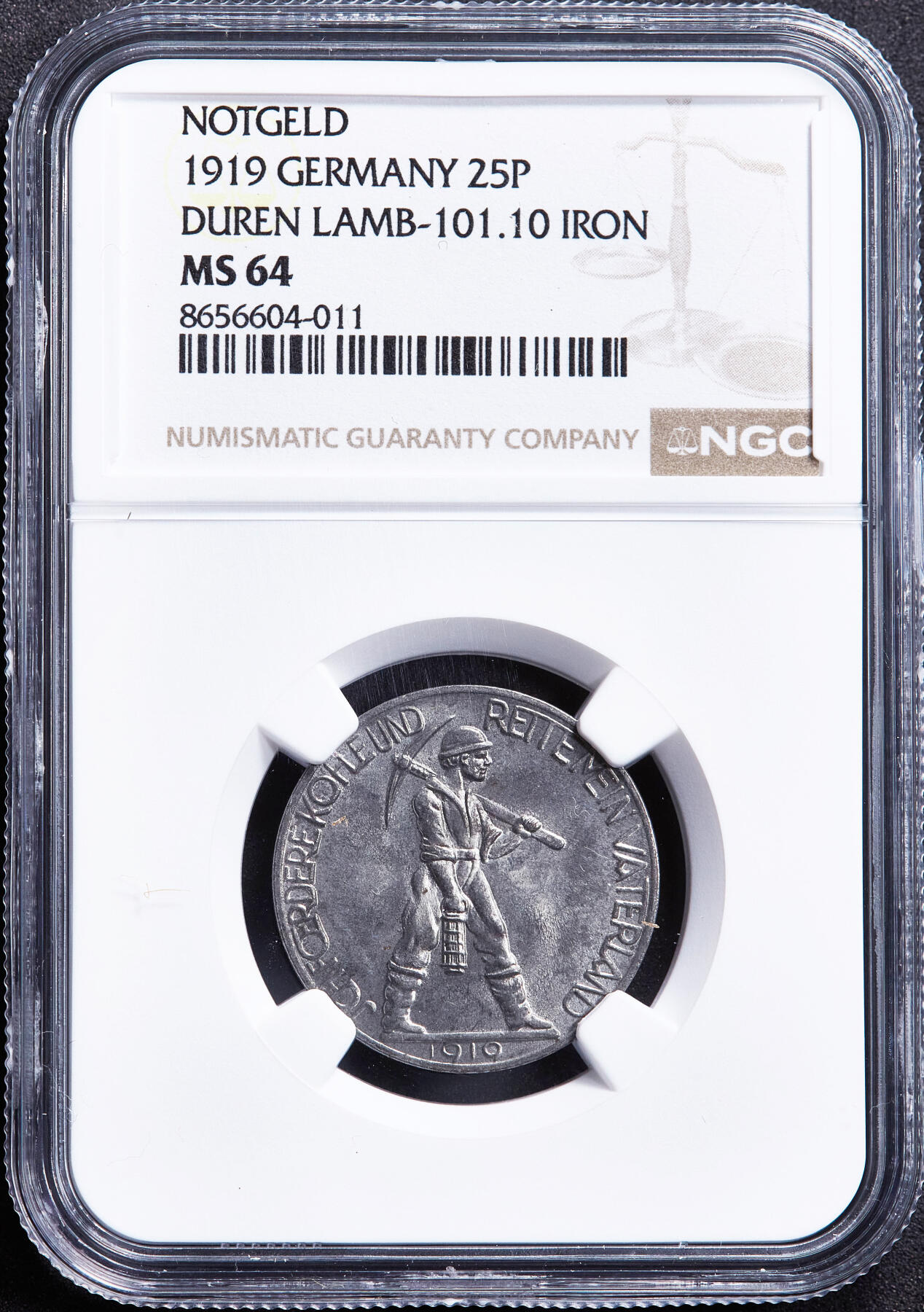 【俄甄集藏】2026年(049)03-18星期三 晚 19:30 全场包邮 德国1919年紧急时期迪伦市25芬尼矿工铁币，NGC MS64，经典品种，转光品相，MS难得