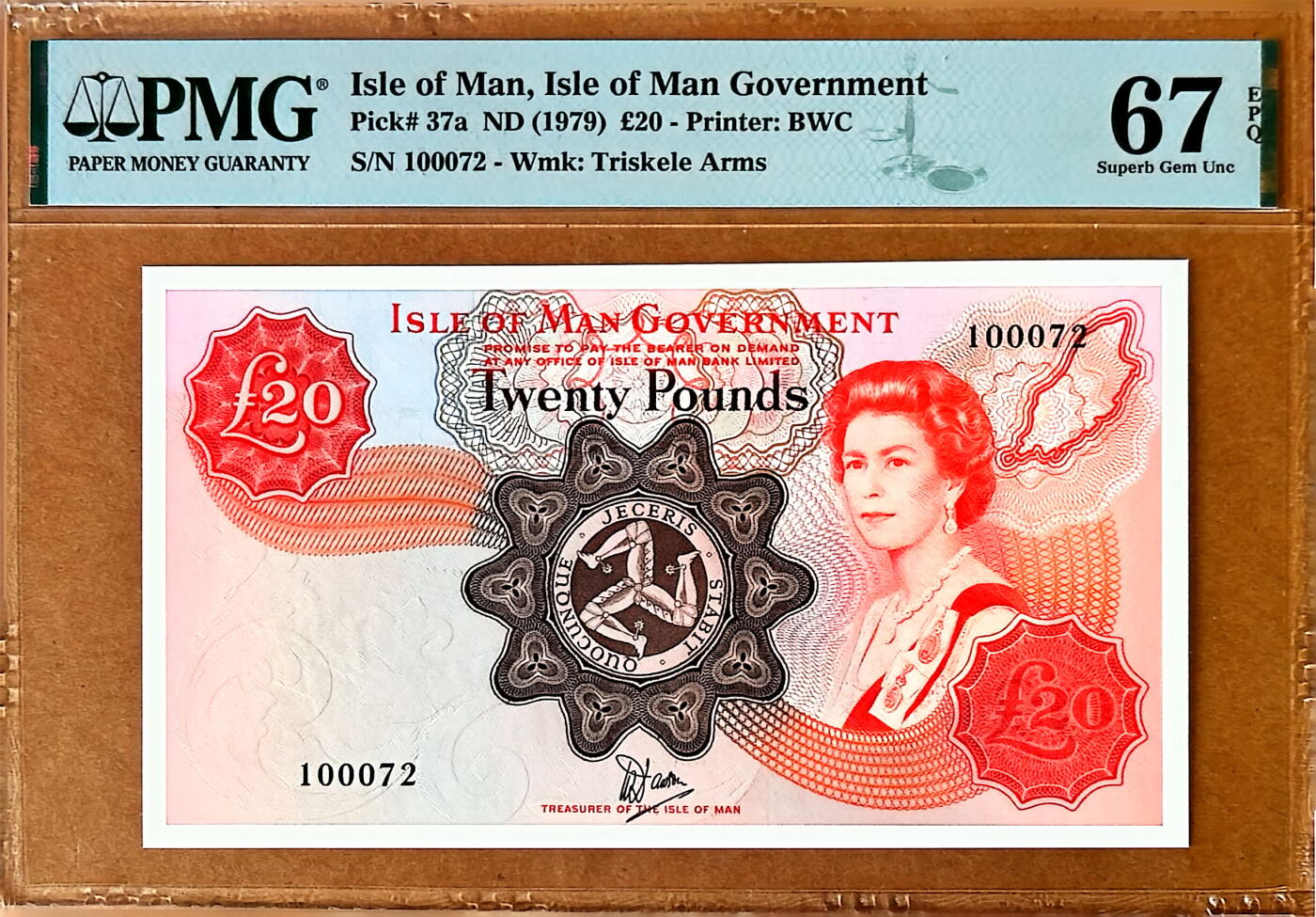 【Blue Auction】✨世界纸币精拍800期盛典——白金之夜🔥🔥🔥 I-马恩岛 1979年20镑 PMG67EPQ 高分 BWC出品 女王 （背面Laxey Wheel是位于英国马恩岛拉克西村的一座巨型水车，建于 ‌1854年‌，曾用于从拉克西矿山抽水，以支持当地采矿业。它被广泛认为是‌世界上现存最大的仍在工作的水车之一）