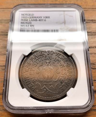 凡希社世界钱币微拍第三百二十一期 - 1923德紧佩恩猫头鹰10000K铜币NGC-MS62