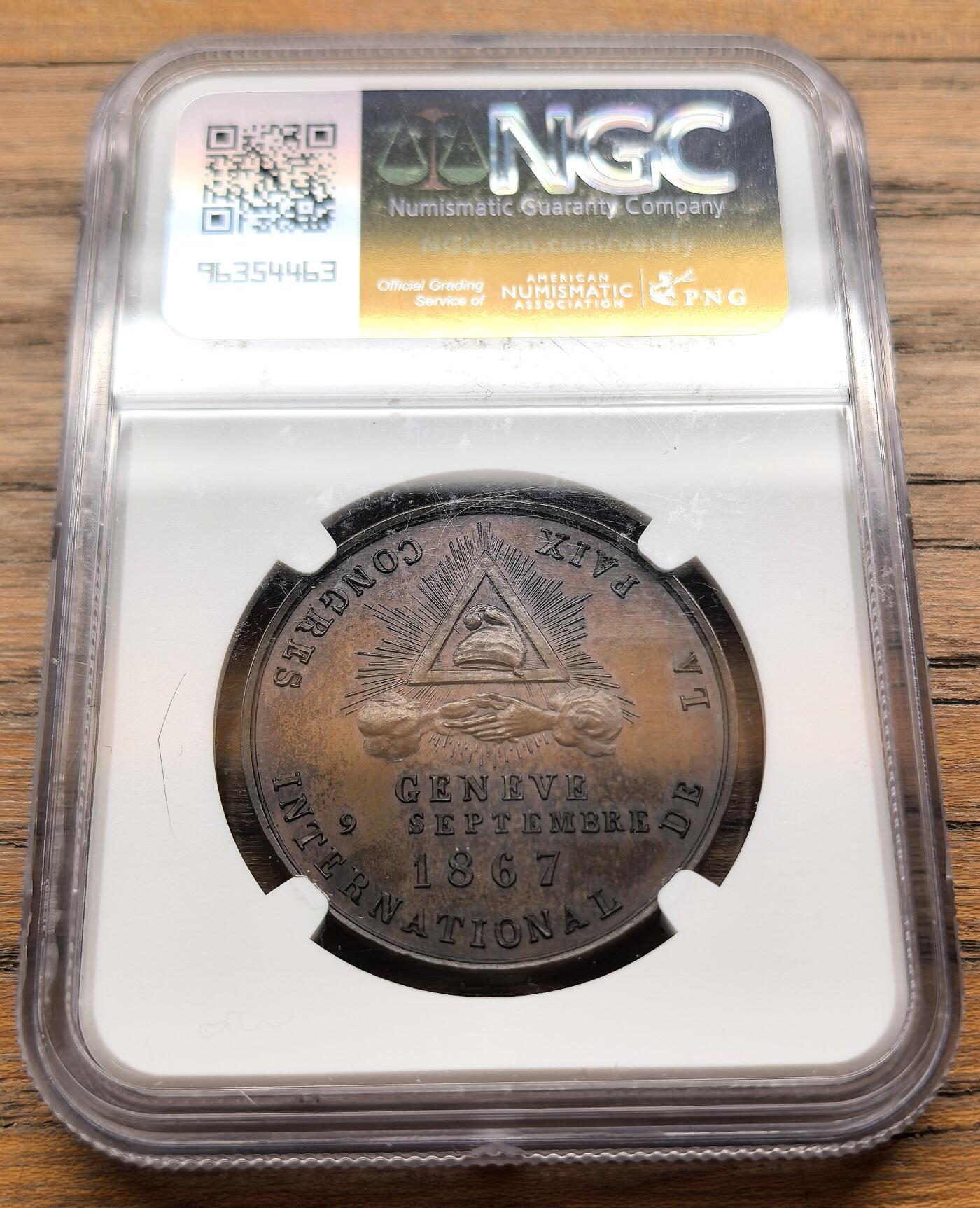 凡希社世界钱币微拍第三百二十一期 1867瑞士日内瓦东方共济会国际代表大会纪念铜章NGC-MS64