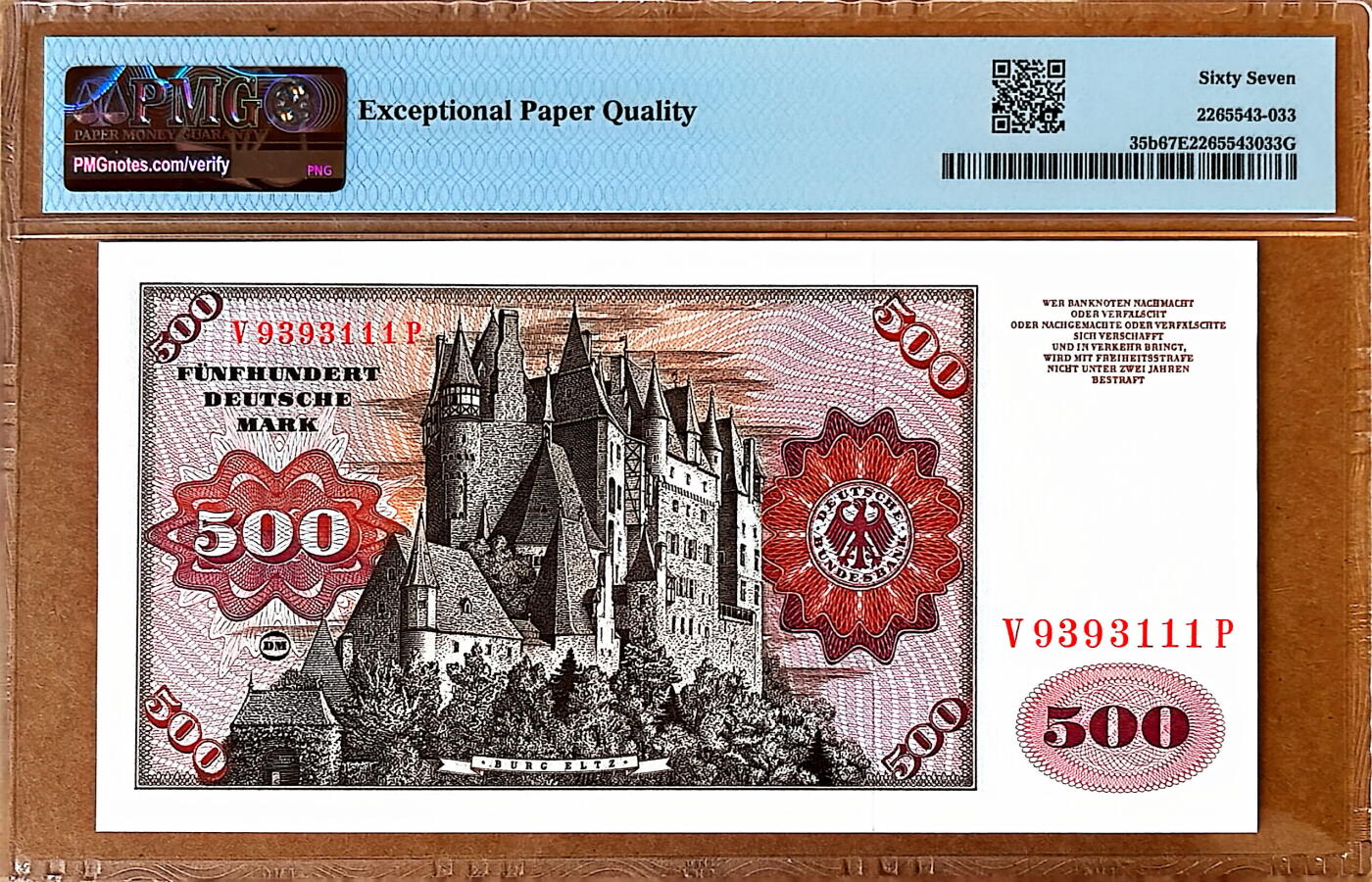 【Blue Auction】✨世界纸币精拍800期盛典——白金之夜🔥🔥🔥 G-【111豹子号无47】德国 1977年500马克 PMG67EPQ 高分 经典大副 正面德国画家汉斯•马勒的作品《男子肖像画》 顶级雕刻 背面艾芝古堡