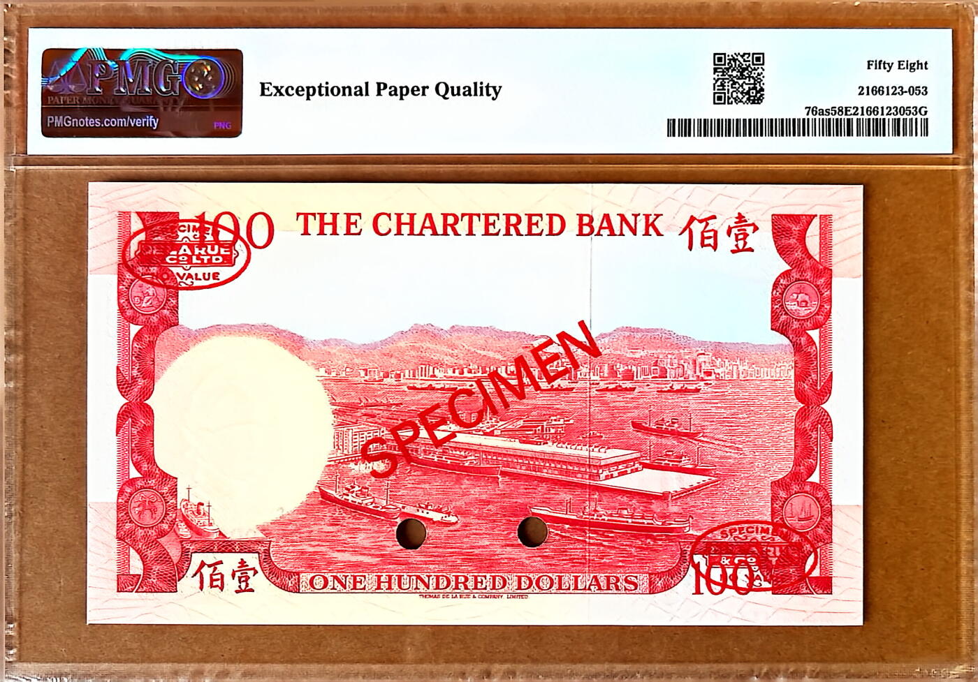 【Blue Auction】✨世界纸币精拍800期盛典——白金之夜🔥🔥🔥 H-【样钞】香港 渣打 1970-75年100元 红屋  背面大场景 PMG58EPQ 近新原票 非常少见