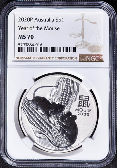 【俄甄集藏】2026年(049)03-18星期三 晚 19:30 全场包邮 - 澳大利亚2020年中国农历鼠年1元1盎司大银币，NGC MS70，重1盎司，999银，发行量300000枚，珀斯造币厂出品