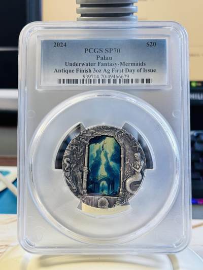 第193期拍卖 - 帕劳2024年水下幻想美人鱼3盎司仿古纪念银币PCGS-SP70，999银，发行777枚