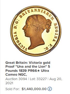 【Blue Auction】✨世界纸币精拍800期盛典——白金之夜🔥🔥🔥 G-【传奇！英国最美金币 Pallas旧藏】英国 1839年尤娜与狮子5索维林精制大金币NGC PF60 CAMEO镜面（纪念维多利亚女王登基加冕而生，皇家铸币局首席雕刻师威廉·韦恩亲自设计和雕刻，最初仅铸造400枚，后续虽有少量补铸，总存世量仍不足千枚。新古典主义高浮雕、史诗级叙事，镌刻着时代美学与收藏传奇。高分的一度成交价近千万，该枚同分的拍了22.8万美金性价比极高）