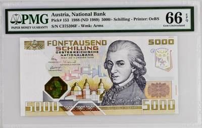 【Blue Auction】✨世界纸币精拍800期盛典——白金之夜🔥🔥🔥 - A-奥地利 1989年5000先令 音乐家莫扎特 维也纳金色大厅 PMG66EPQ 老壳