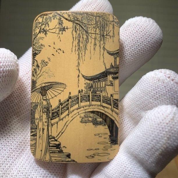 听雨轩（77）留青墨刻竹牌专场 留青墨刻36×60mm工艺精工实心玉竹牌  小桥流水