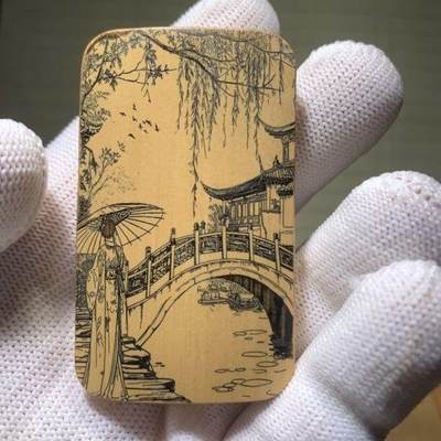 听雨轩（77）留青墨刻竹牌专场 - 留青墨刻36×60mm工艺精工实心玉竹牌  小桥流水