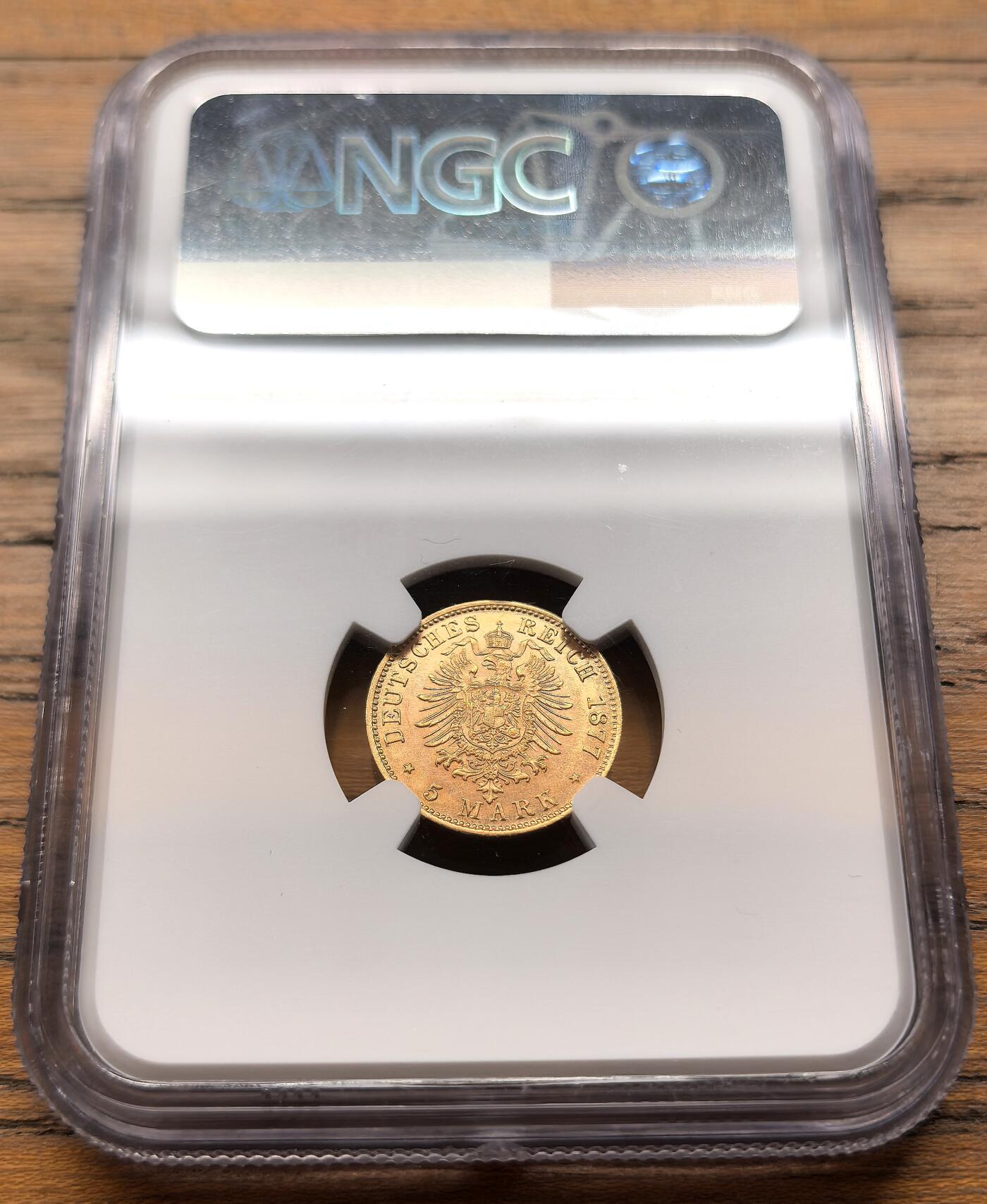 凡希社世界钱币微拍第三百二十一期 1877D德国巴伐利亚短翅鹰5马克金币NGC-MS63+