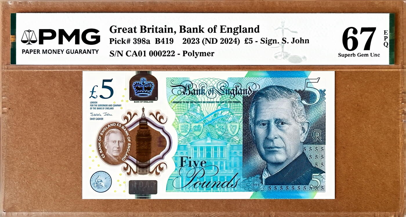 【Blue Auction】✨世界纸币精拍800期盛典——白金之夜🔥🔥🔥 G-【CA01首发冠 000222百位小号豹子号】英国 2024年5镑 查尔斯三世 新版塑料钞 PMG67EPQ 高分 号码控必备 高价值的一张
