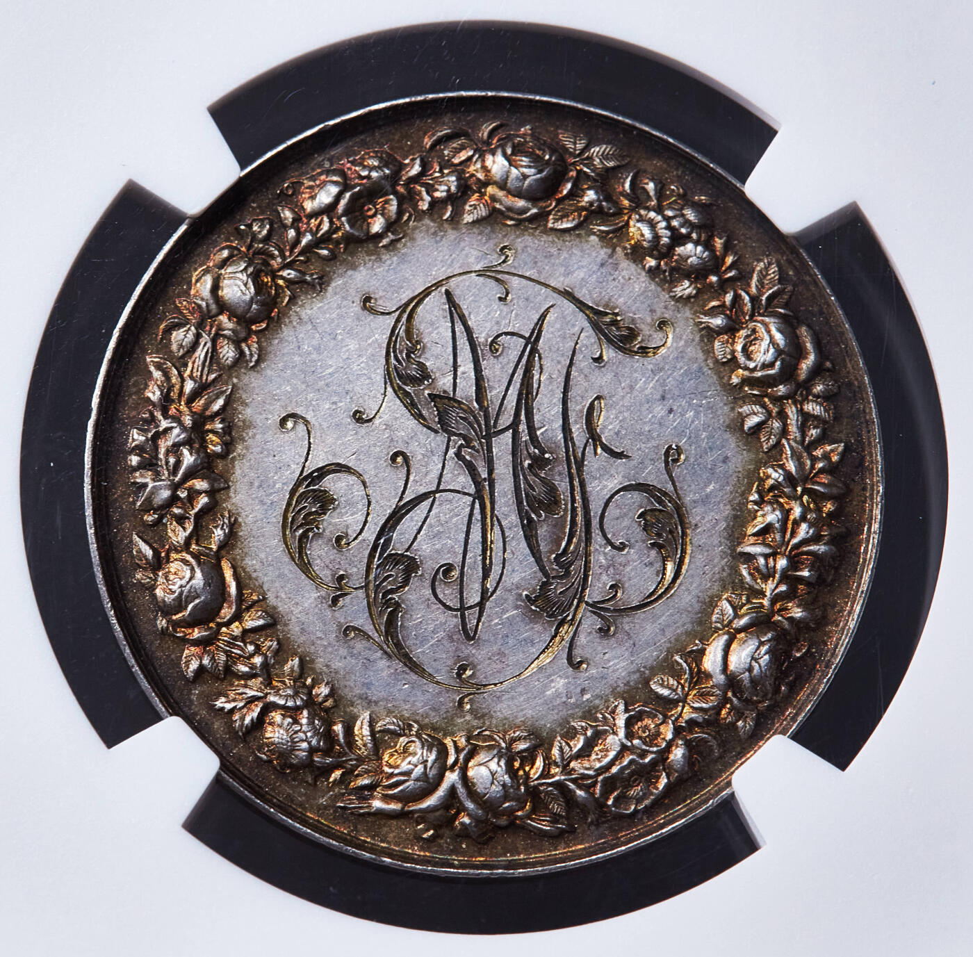 【俄甄集藏】2026年(049)03-18星期三 晚 19:30 全场包邮 法国1895年结婚银章，NGC MS63，黄油酱彩老包浆，原光品相，雕刻家佩蒂特作品，丰饶角铭