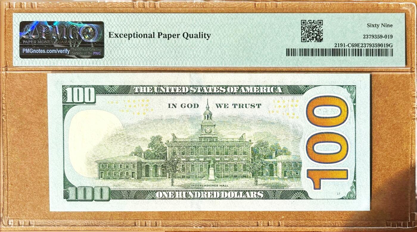 【Blue Auction】✨世界纸币精拍800期盛典——白金之夜🔥🔥🔥 U-【靓号11223333狮子号无47】美国 2021年100美金 PMG69EPQ近满分 