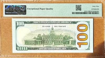 【Blue Auction】✨世界纸币精拍800期盛典——白金之夜🔥🔥🔥 U-【靓号11223333狮子号无47】美国 2021年100美金 PMG69EPQ近满分 