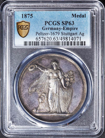【俄甄集藏】2026年(049)03-18星期三 晚 19:30 全场包邮 - 德国1875年日耳曼女神站像与城市纹章纪念斯图加特联邦射击节大银章，PCGS SP63，酱彩老包浆，高浮雕，底板凝霜，设计精美