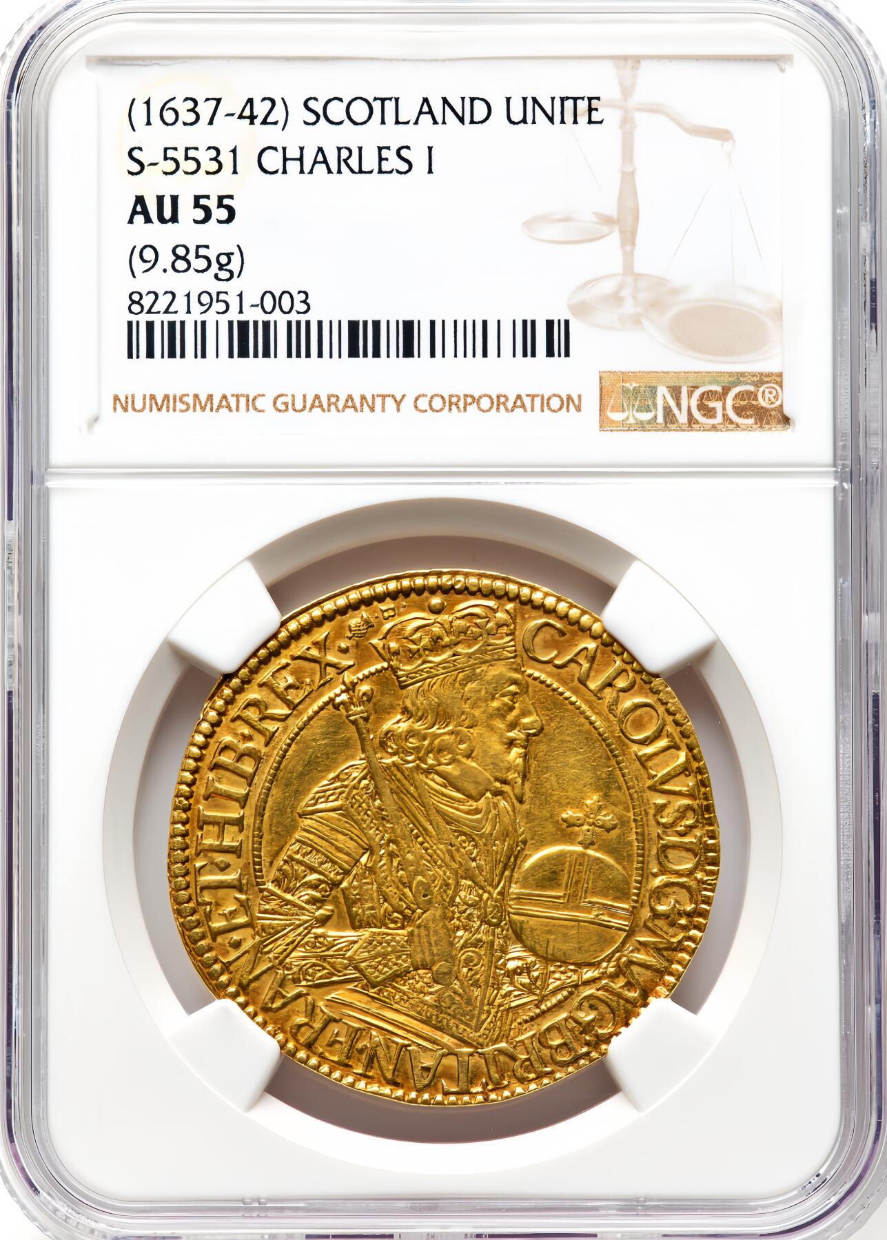 【Blue Auction】✨世界纸币精拍800期盛典——白金之夜🔥🔥🔥 S-【英国货币史上打制币过渡到机制币的产物意义深远】苏格兰 1637-42年查理一世Unite金币 国王神态威严 身着戎装铠甲 手持权杖与王权宝球 币面铸打有力细节清晰 光感十足 NGC AU55低评 这枚金币是法国雕刻师Nicholas Briot精心杰作，采用了加以改良的先进机制工艺在打制币时代独领风骚（21年一枚同分拍了近2万美金，如今金价是当时2倍多了，好品种英国金币也在涨幅中） 