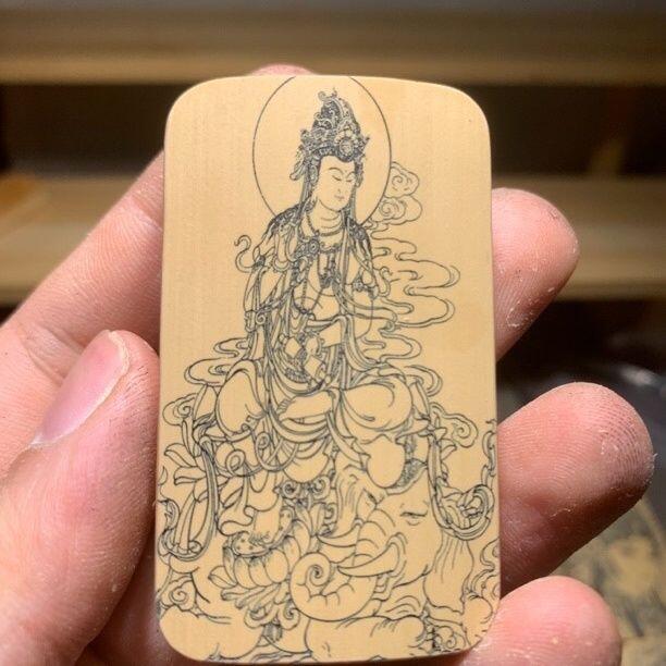 听雨轩（77）留青墨刻竹牌专场 留青墨刻36×60mm工艺精工实心玉竹牌  普贤菩萨