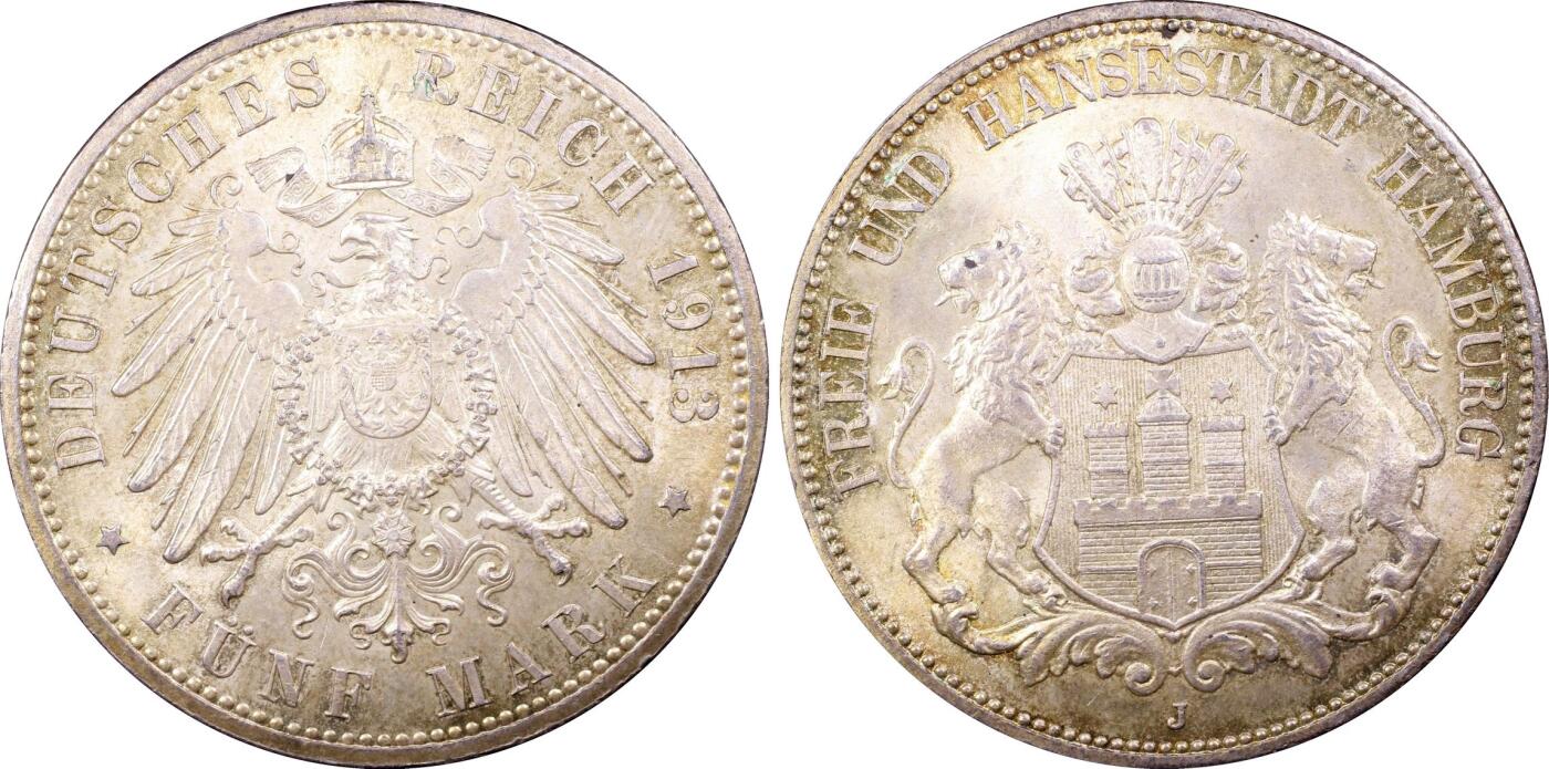 万国钱币拍卖第062期 PCGS MS66 1913年德国汉堡自由市长翅流通5马克 较为常见的长翅马克品种 但是想找到一枚如此原味GEM状态的绝不容易 双面均匀德式淡彩包浆搭配上经典汉堡双狮护盾令人爱不释手 PC老评水晶盒 万里挑一的顶级典藏品质
