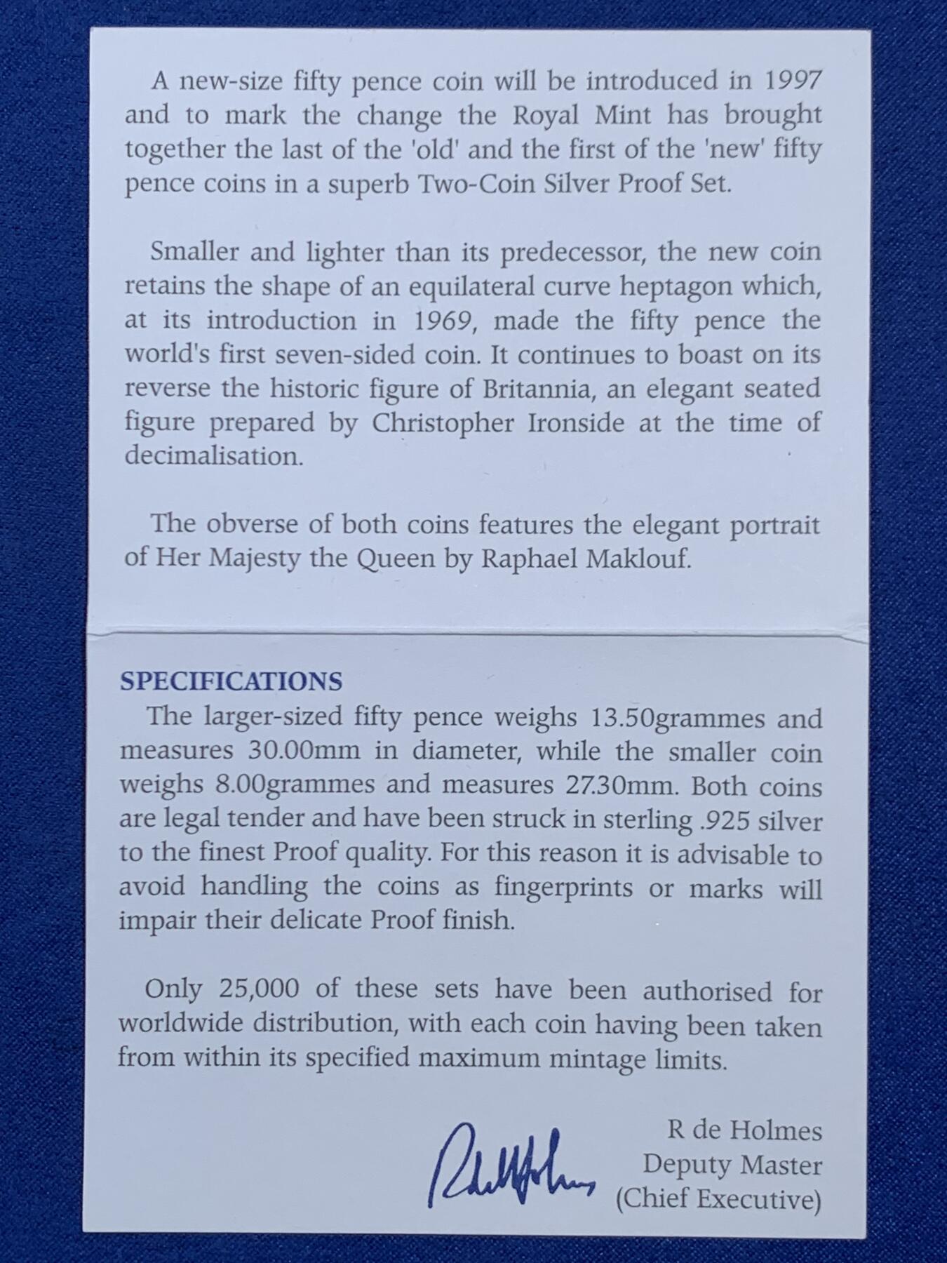 《竞宝斋》第470场 周日，周一，周二 3场连拍 （全场包邮）欢迎送拍 两枚一组 英国 1997年50便士精制银币 纪念改版 直径30mm+27.3mm(13.5g+8g) 发行2.5万套 盒证齐全