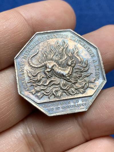 《竞宝斋》第470场 周日，周一，周二 3场连拍 （全场包邮）欢迎送拍 - 法国里昂火灾保险公司-避火兽蝾螈银质八角代币 早期无边铭版本热门品种值得收藏 12.2克 30.1mm