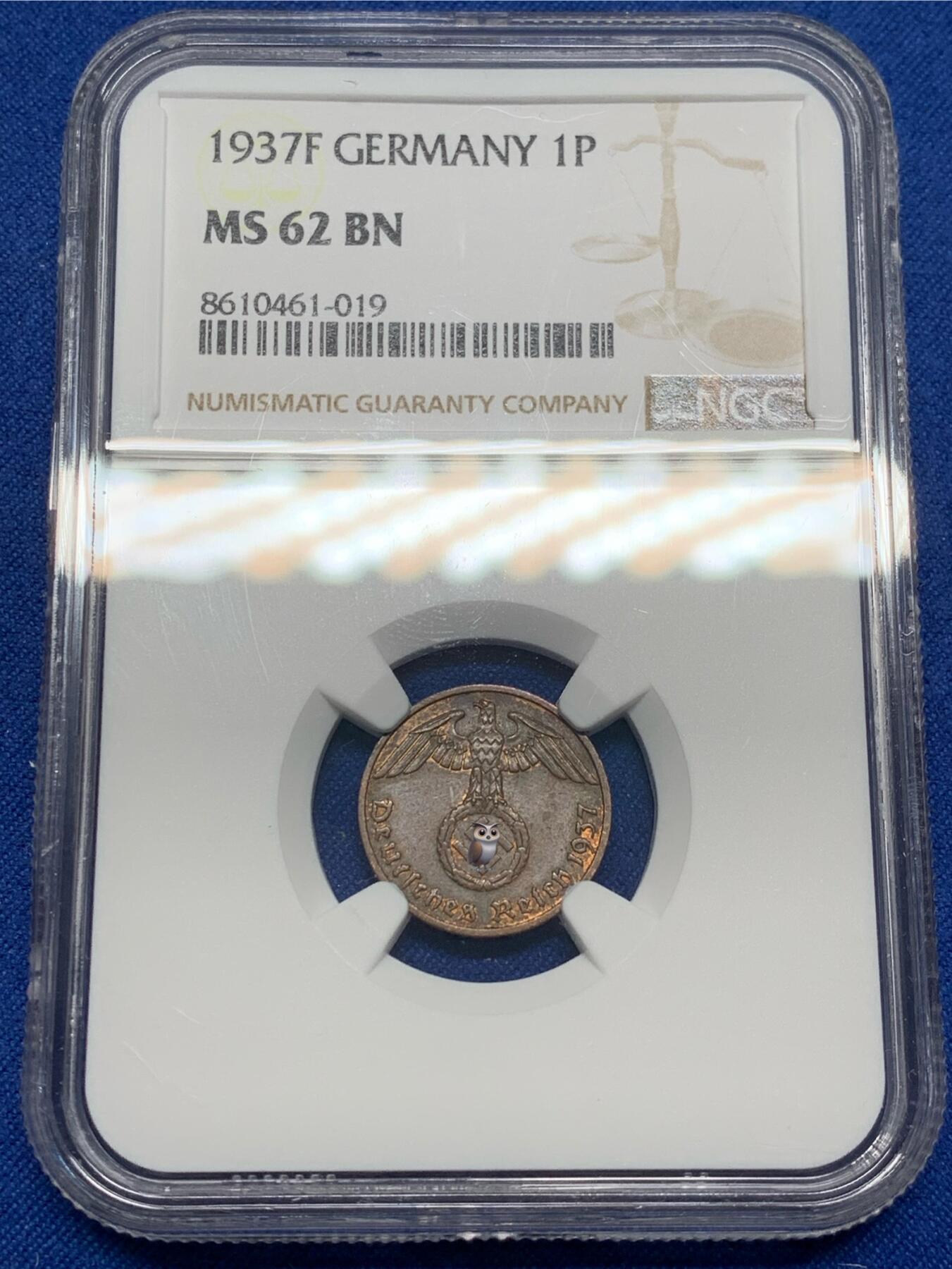 《竞宝斋》第470场 周日，周一，周二 3场连拍 （全场包邮）欢迎送拍 NGC MS62BN 德国1937年带风车1芬尼铜币，状态很好，热门品种