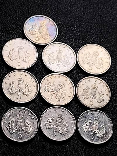 泉币菌-第210场-拍品多 请提前出价 - 高币值 10枚一组 英国5便士硬币小版 伊丽莎白二世