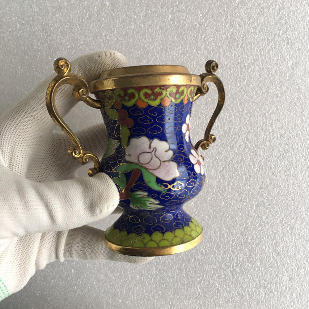        01c出口创汇时期景泰蓝铜胎掐丝珐琅双耳牡丹花瓶1个真品如图库存旧藏文玩艺术收藏